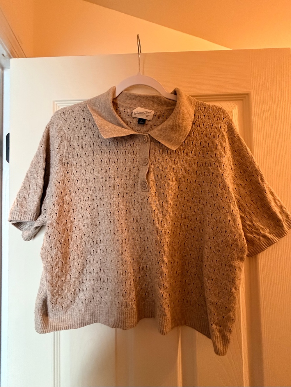 Beige Pointelle Knit Collared Sweater Polo